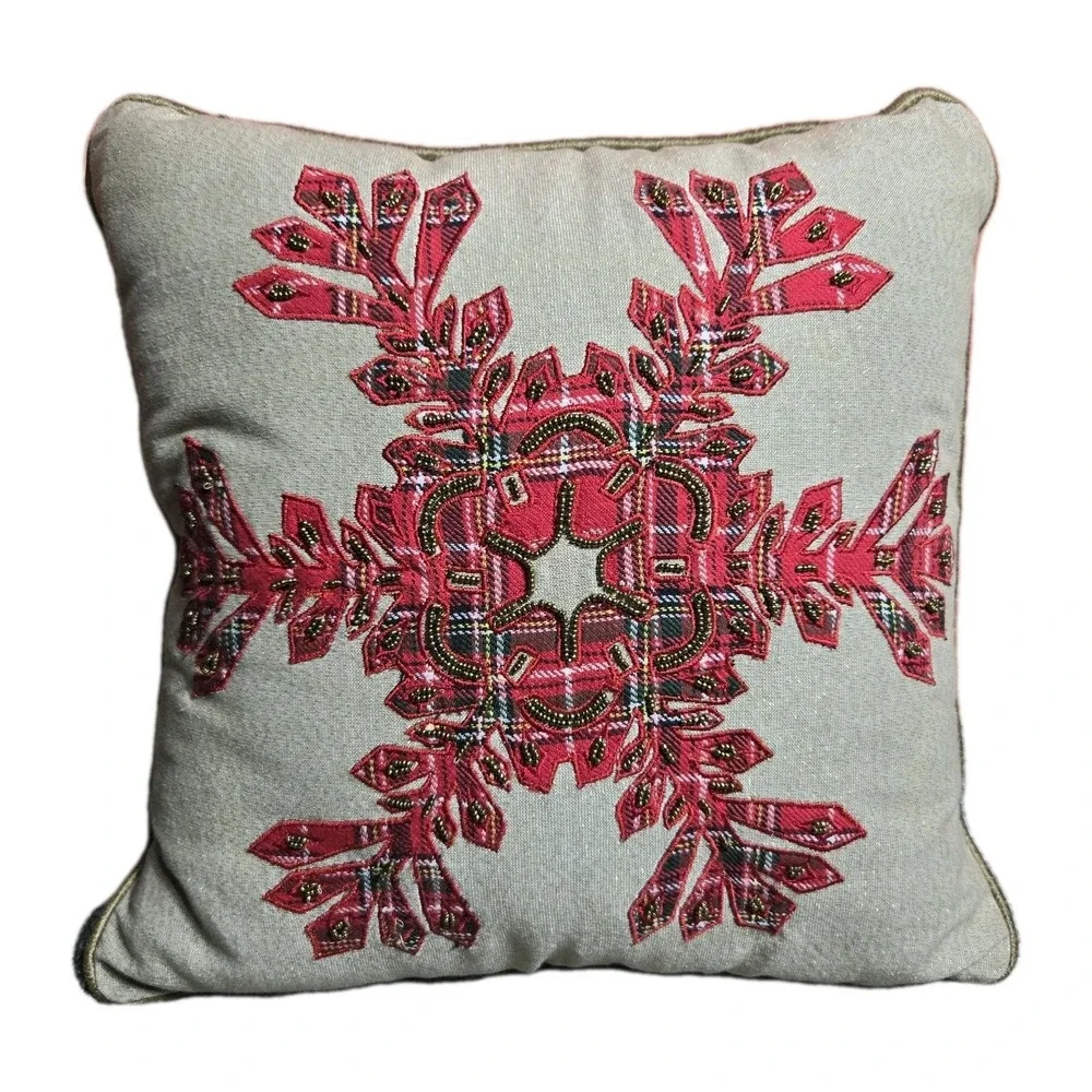 Pier 1 Beaded‎ Plaid Snowflake Christmas Throw Pillow 15